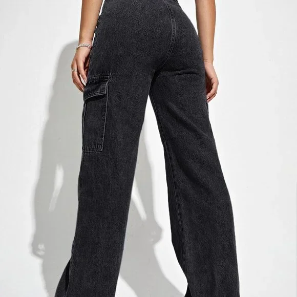 Black Casual Womens High Waist Flap Pocket Side Cargo Jeans - Picture 3 of 5